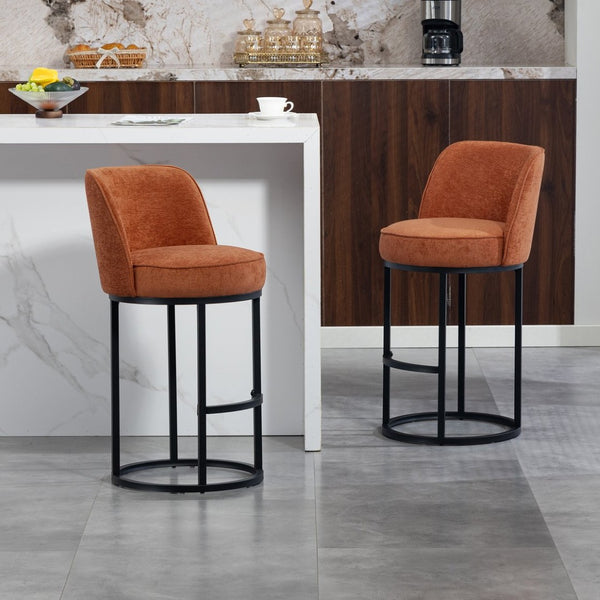 English Elm Counter Height Barstools Set of 2 Linen Upholstered Barrel Seat with Iron Legs Orange W395P410432
