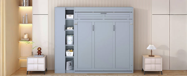 English Elm Queen Murphy Wall Bed with Led Lighting Open Shelves and Wardrobe Cabinet Storage Gray LP000899AAE-1