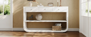 English Elm [video] Sculptural Console Table Pine Wood Curved Legs Soft-close Drawers Open Shelving Entryway White N759P433560K