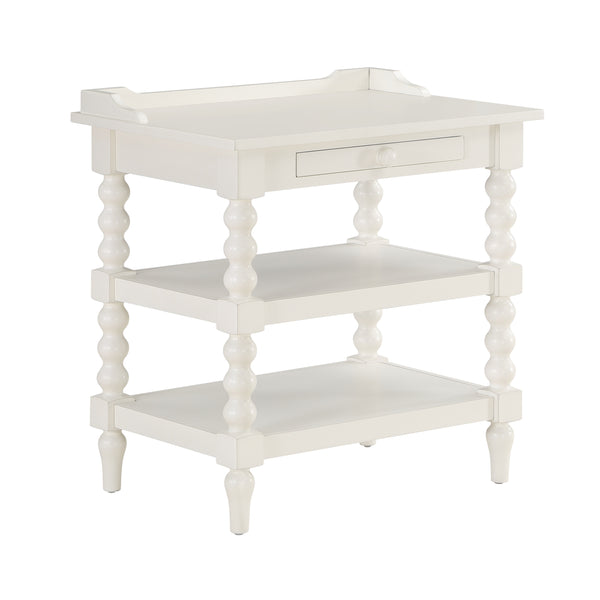 English Elm Aria Antique White Nightstand with Pull-Out Tray, Two Shelves & Spool Turned Legs — Vintage Chic B050P376971