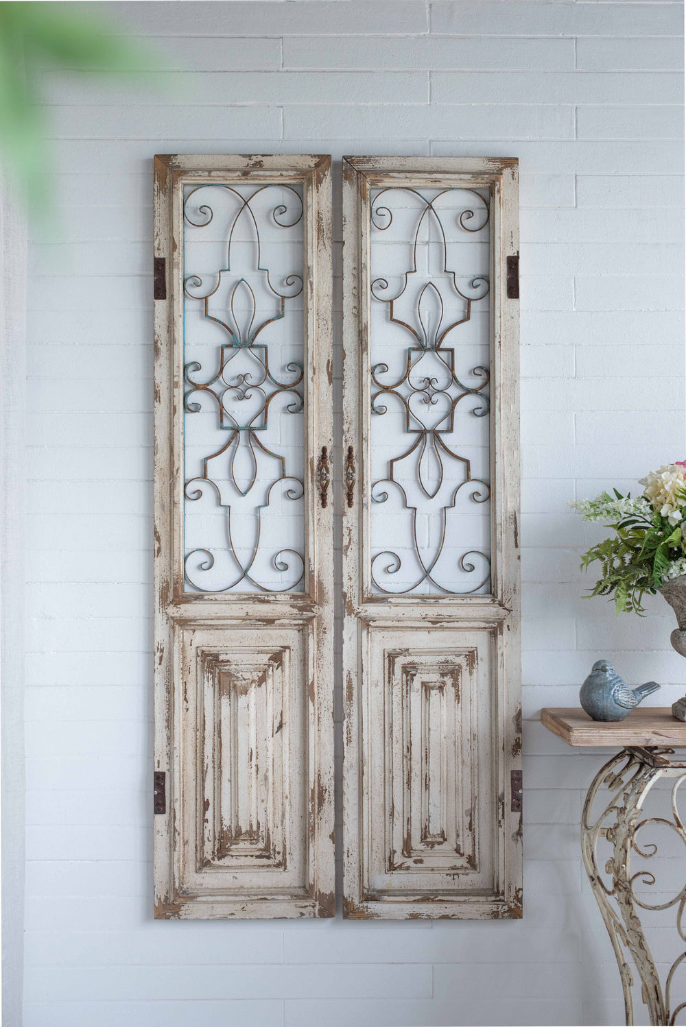 English Elm 15.8x66.9" Reclaimed Solid Wood Decorative Door Panel with Distressed White Finish & Metal Grillwork W2078P313325