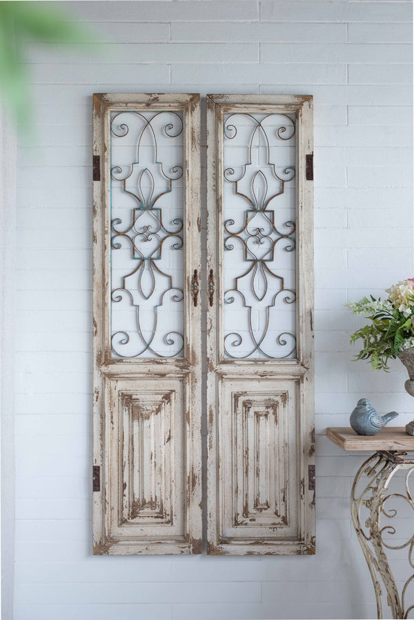 English Elm 15.8x66.9" Reclaimed Solid Wood Decorative Door Panel with Distressed White Finish & Metal Grillwork W2078P313325