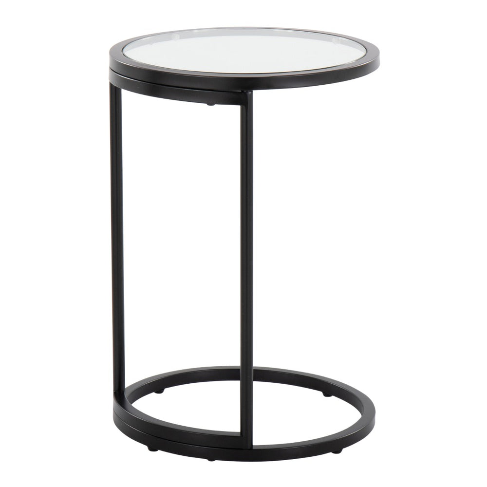 English Elm Round Zenn End Table In Black Metal & Clear Glass - Stylish C-Shaped Accent For Small Spaces B202P223395-GIGA