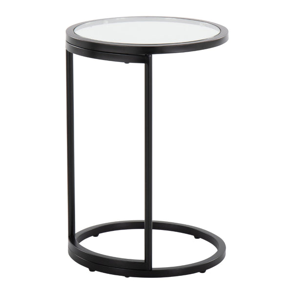 English Elm Round Zenn End Table In Black Metal & Clear Glass - Stylish C-Shaped Accent For Small Spaces B202P223395-GIGA