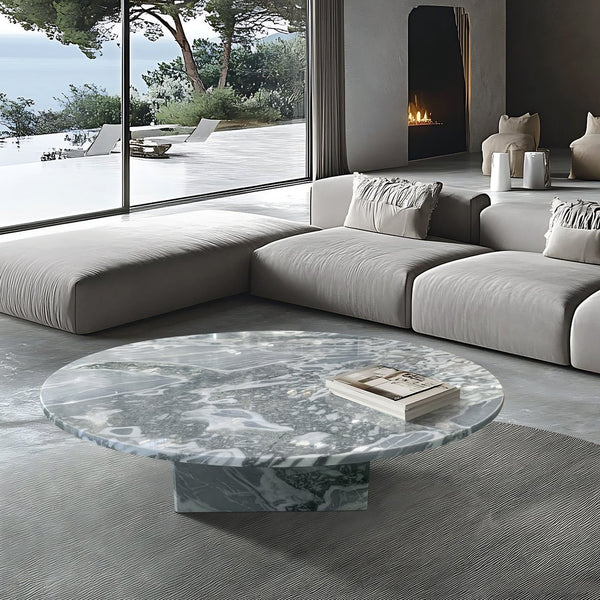 English Elm Blue Gray Marble Coffee Table With Metal Base - Sculptural Design For Modern Living Rooms & Lounges W1696P262769