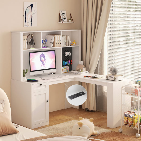 English Elm L Shaped Desk With Charging Station, Modern Corner Computer Desk With Storage For Home Office Use W1321S00010