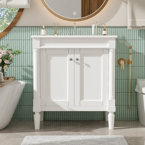 English Elm 30" French Style Bathroom Vanity with Ceramic Basin Soft Close Doors Wood Legs White N710P415327K