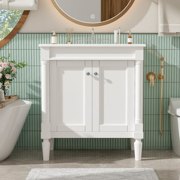 English Elm 30" French Style Bathroom Vanity with Ceramic Basin Soft Close Doors Wood Legs White N710P415327K