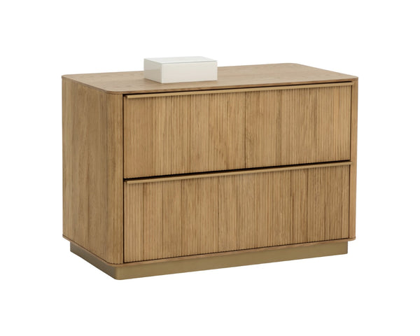 Sunpan KALLA Nightstand - Large Rustic Oak with Textured Vertical Reeding & Sleek Gold Steel Base Design 112408