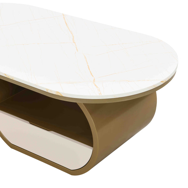 English Elm Luxury Oval Coffee Table with Faux Marble Top, Sturdy Metal Frame, Storage Drawer, Adjustable Feet Golden+White W821S00029