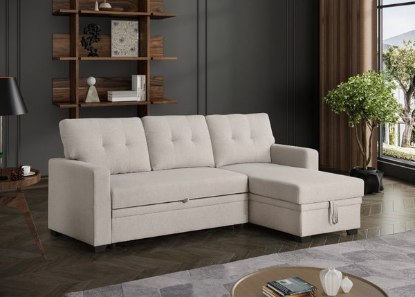 English Elm Convertible Upholstered Sectional Sofa with Pull-out Chaise Sleeper and Storage Beige B2730S00005