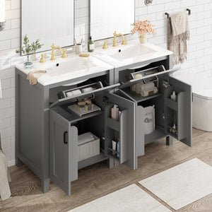 English Elm Modern 48 Inch Freestanding Bathroom Vanity Dual Ceramic Sinks Soft Close Gold Handles Grey N729P000008E