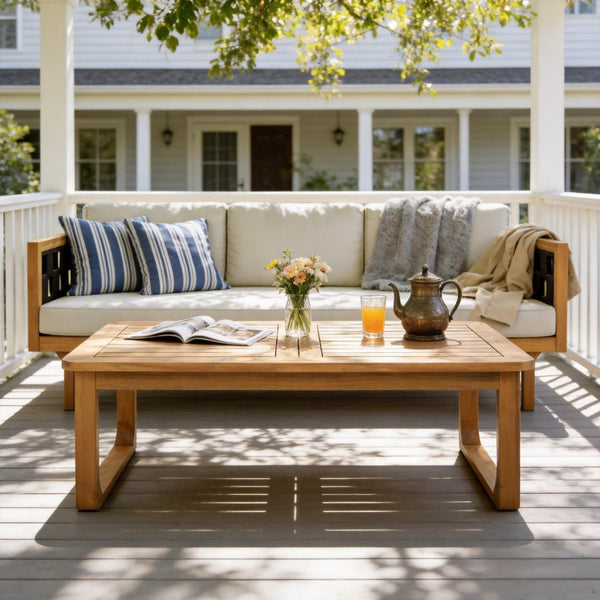 English Elm 2-piece Acacia Wood Outdoor Daybed and Coffee Table Set Resort Coastal Style N770P378689L_N770P373436L