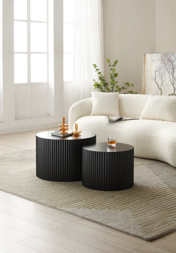 English Elm BLACK Nesting Table Set of 2 — Handcrafted Round MDF Coffee Tables, Relief Sides, 23.6"/18.9" Sizes W876P252128