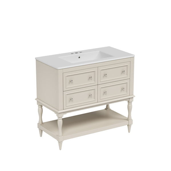 English Elm 36" Bathroom Vanity with Sink Combo, 36" Ceramic Undermount Basin, Solid Wood Frame, 4 Drawers, Waterproof Painted Finish Beige N710P250654Y
