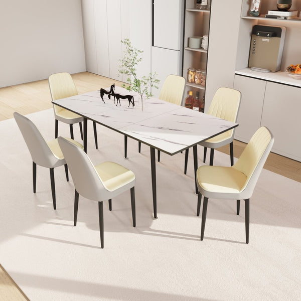 English Elm 47"-63" Extendable Dining Set Six Pu Leather Chairs Mdf Top Black Metal Legs Modern Beige Gray+White W2189S00921