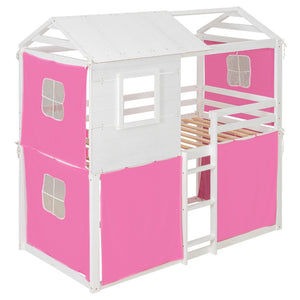 English Elm Twin Treehouse Bunk Bed Solid Pine Playhouse Frame with Cozy Canvas Tent Hideaway LT000379AAH-1