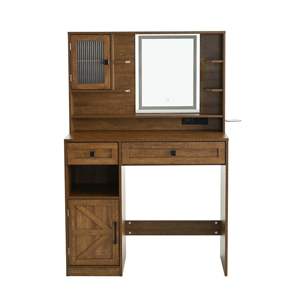 English Elm Farmhouse Makeup Vanity Desk with Lighted Mirror, Built-In Charging Station, Ample Storage and Stool Rustic Brown N844P291652W