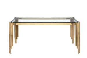 English Elm 65" Tempered Glass Dining Table with Sleek Black Top and Polished Gold Legs for Modern Homes Clear,Golden W1567S00014