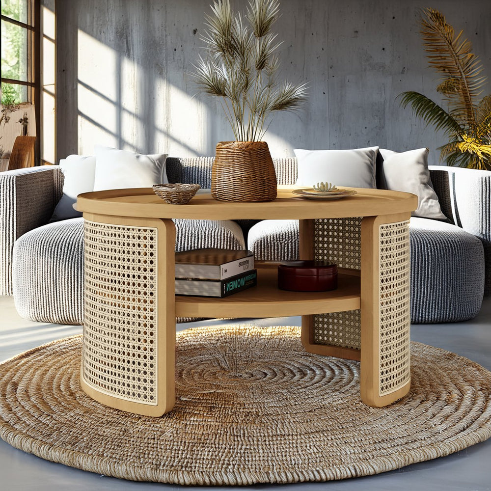 English Elm 2-Tiered Round Natural Wood Coffee Table with Rattan Storage Shelf, Thick Top, Curved Edge Design 31.3" N735P185131N