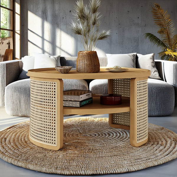 English Elm 2-Tiered Round Natural Wood Coffee Table with Rattan Storage Shelf, Thick Top, Curved Edge Design 31.3" N735P185131N