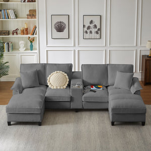 English Elm 120" Modular Corduroy Sectional Sofa Bed with Storage, U-Shaped 4-Seater, Cup Holders & Console Gray W1359S00012