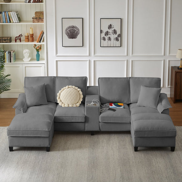 English Elm 120" Modular Corduroy Sectional Sofa Bed with Storage, U-Shaped 4-Seater, Cup Holders & Console Gray W1359S00012