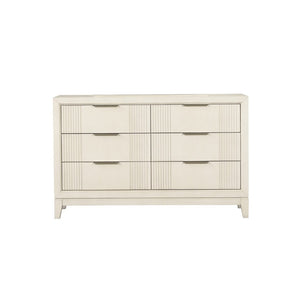 English Elm Antique White Six Drawer Dresser with Mirror Fluted Wood Panels Chrome Pulls B2741S00927