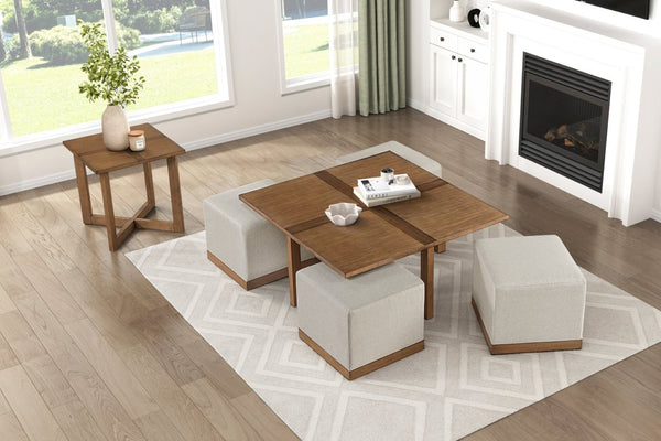 English Elm Contemporary Square Coffee Table with Four Hidden Upholstered Stools Walnut Veneer Inlay B011P459315