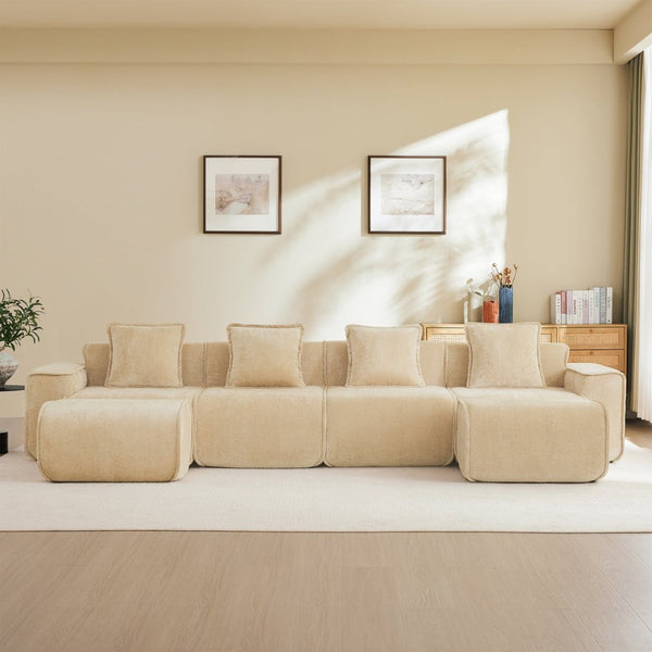 English Elm Streamlined Modular U-shape Sectional Velvet Sofa with Cloud Comfort and Movable Ottomans Light Camel W3041S00356