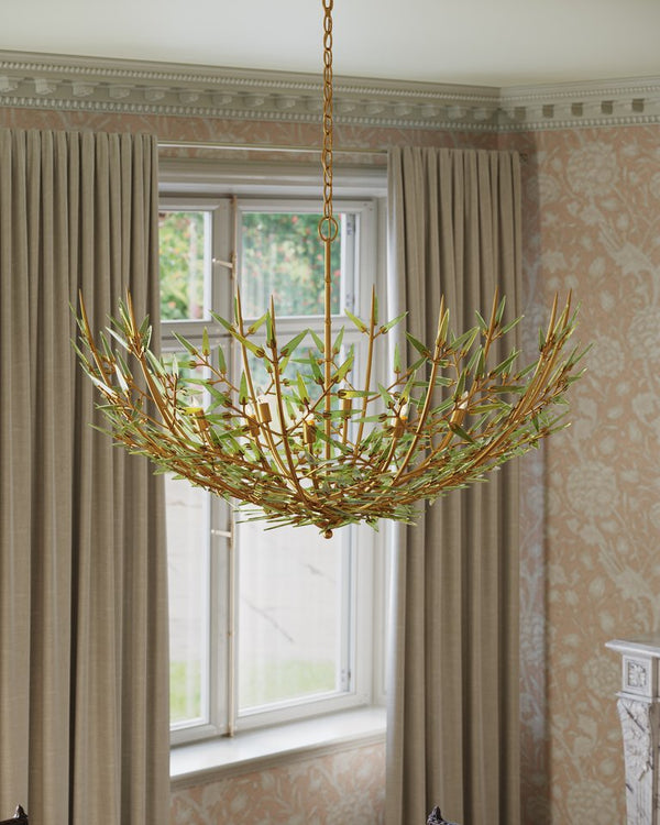 Currey & Company Babylon Chandelier - Elegant Bowl Design With Recycled Glass Leaves In Contemporary Gold Finish Green Recycled Bottle Glass ,Wrought Iron 9000-1308-currey-company