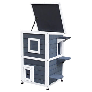 English Elm PawHut Weatherproof Outdoor Cat House with Raised Floor, Garden Planter & Multiple Entrances for Comfort and Play Grey+White W2225P217565