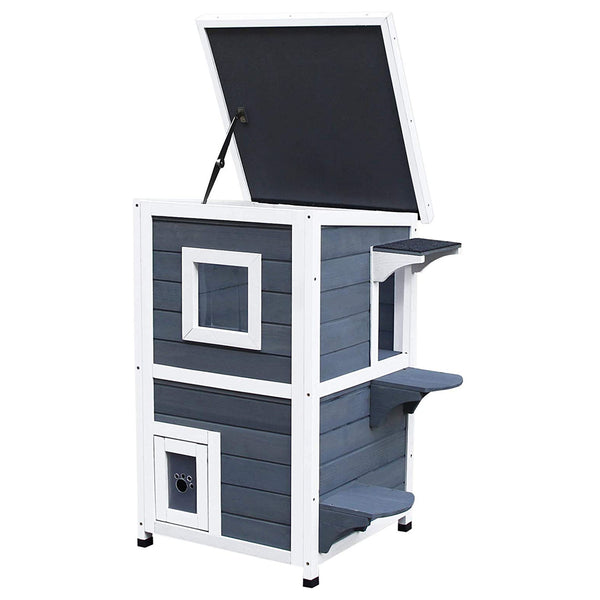 English Elm PawHut Weatherproof Outdoor Cat House with Raised Floor, Garden Planter & Multiple Entrances for Comfort and Play Grey+White W2225P217565