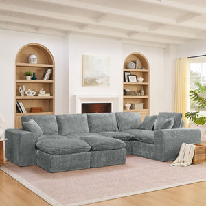 English Elm 107'' Boucle Modular Sectional with Reversible Chaise and Two Ottomans for Living Room Grey W1413S00163