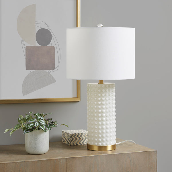 JLA Home INK+IVY - Textured White Glass Dot Lamp with Polished Gold Base, Compact 21" Table Lamp for Nightstand Décor II153-0146