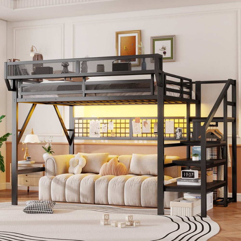 English Elm Queen Metal Loft Bed with Staircase Wardrobe Rgb Lighting Industrial Frame W2580S00067