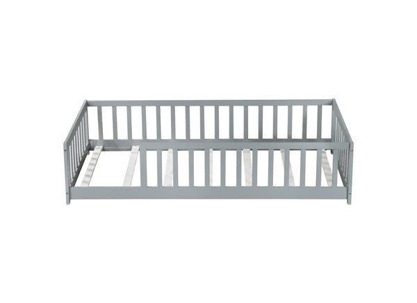English Elm Twin Solid Rubberwood Floor Bed with Full Perimeter Safety Rails for Toddler Rooms Grey W504P296793