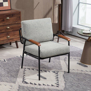 English Elm Modern Accent Chair with Natural Wood Arms, Black Metal Frame, Plush High-Rebound Cushion Comfort Grey W2215P248473