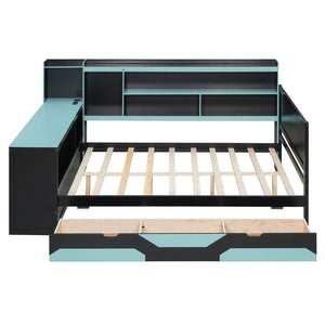 English Elm Full Size Gaming Bed Frame with Desk Led Lights Storage Drawers and Charging Station Black+Blue LP000289AAC