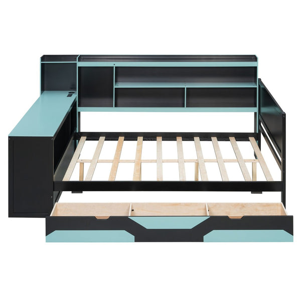 English Elm Full Size Gaming Bed Frame with Desk Led Lights Storage Drawers and Charging Station Black+Blue LP000289AAC