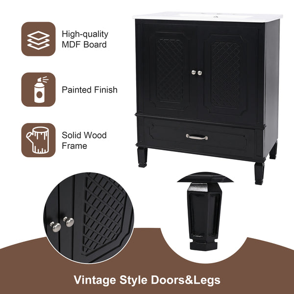 English Elm Christopher Knight Home® - 30" Bathroom Vanity with Sink Vintage Acacia Frame Ceramic Basin Soft-Close Doors & Storage Black N759P313313B