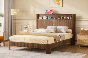 English Elm Queen-size Wave Headboard Storage Bed with Charging Ports and Walnut Mdf Finish W1162P440051
