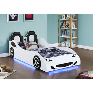 English Elm Solana Race Car Twin Bed with LED Underglow Lights, Padded Headboard, White Wood, Playful Design B062S01109