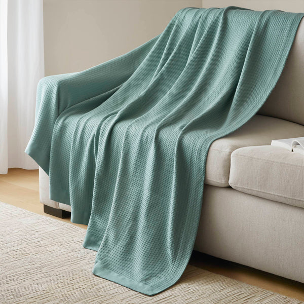 JLA Home Madison Park - Blanket Egyptian Cotton Ultra-Soft Throw for Bed and Sofa, Machine Washable, Pilling-Resistant Comfort Teal MP51N-6431