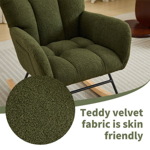 English Elm Modern Teddy Upholstered Rocking Glider Chair with High Backrest and Solid Wood Legs for Nursery Comfort Dark Green W2725P213476