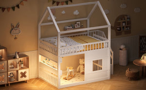 English Elm Full Size Solid Wood House Bed with Led Shelf Lighting for Kids Bedroom White N7500005026K