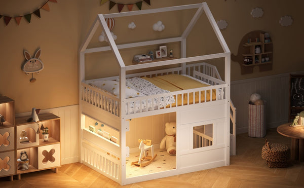 English Elm Full Size Solid Wood House Bed with Led Shelf Lighting for Kids Bedroom White N7500005026K
