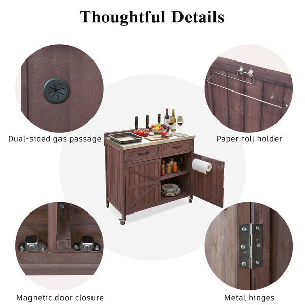 English Elm K&k Outdoor Prep Station Stainless Steel Top Fir Wood Cabinet with Drawer and Wheels Dark Brown N707P370273Z