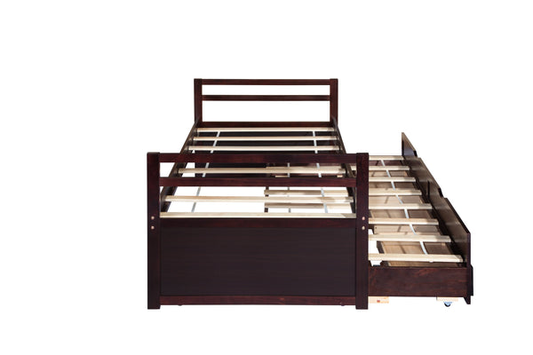 English Elm Twin Twin Size Bed with Trundle and Three Storage Drawers, Space-Saving Pine Frame with Classic Headboard Espresso W504P197165