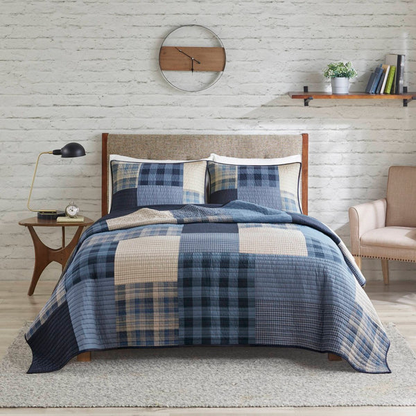 English Elm 3-piece Patchwork Cotton Quilt Set Navy Denim Plaid Coastal Bedroom Bedding B035P463257